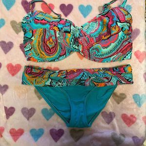 Sunsets Graphic Bikini Blue 2 piece Set Bandaeu Hipster swimwear Large 38F